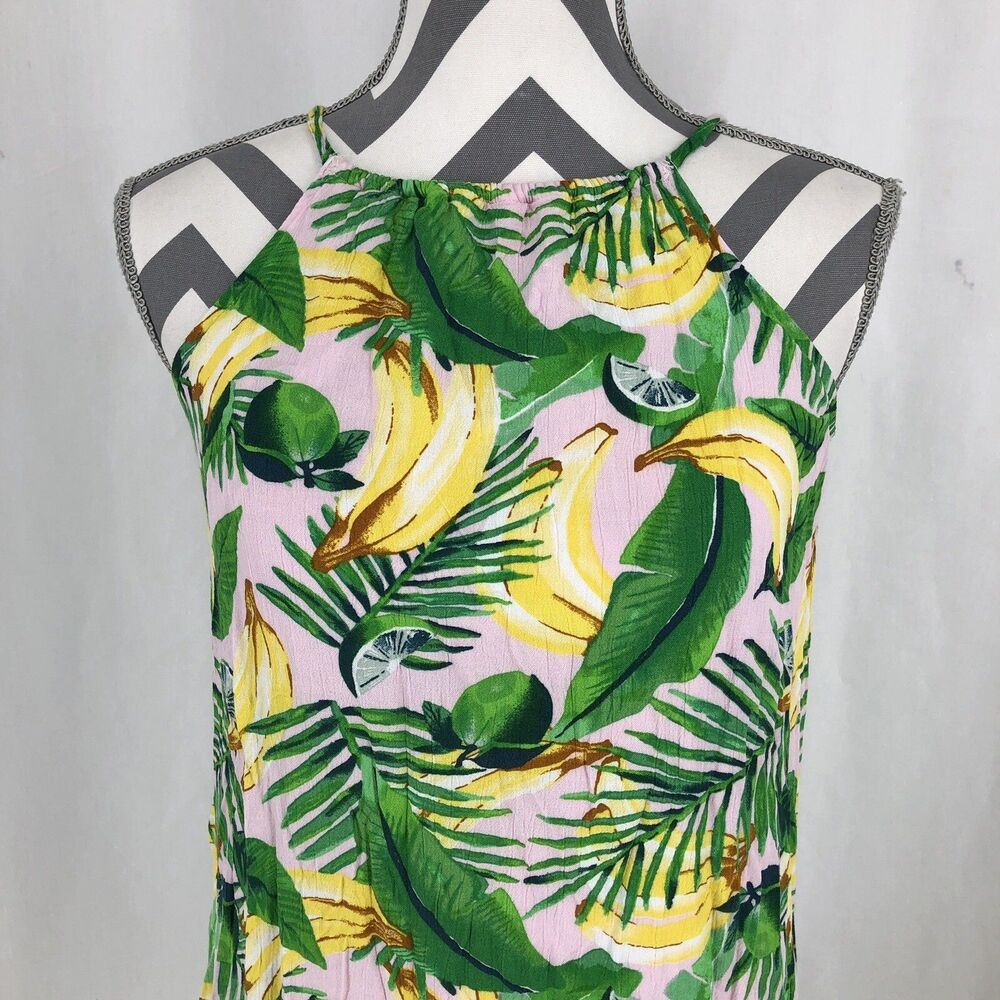 Old Navy Pink Green High Neck Banana Lome  Tropical Sun Dress Teen Large 10-12